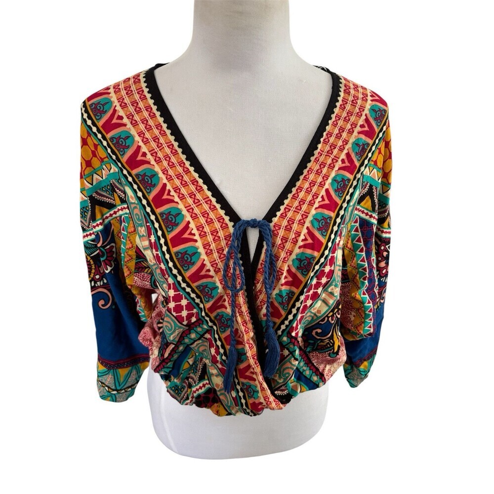 Boho Wrap Crop Blouse Coverup Cardigan Kimono Sleeves Colorful Tribal Print S